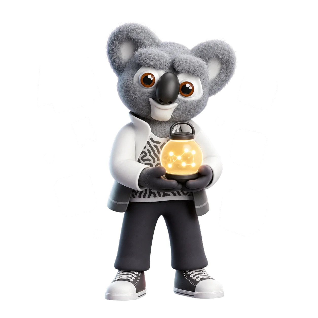 Kody the koala holding a warmly glowing lantern, surrounded by floating notes, bookmarks, packages, and tool tokens