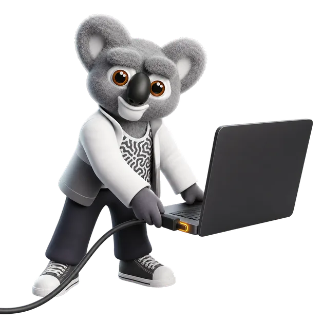 Kody plugging a cable into a warmly glowing port on a laptop
