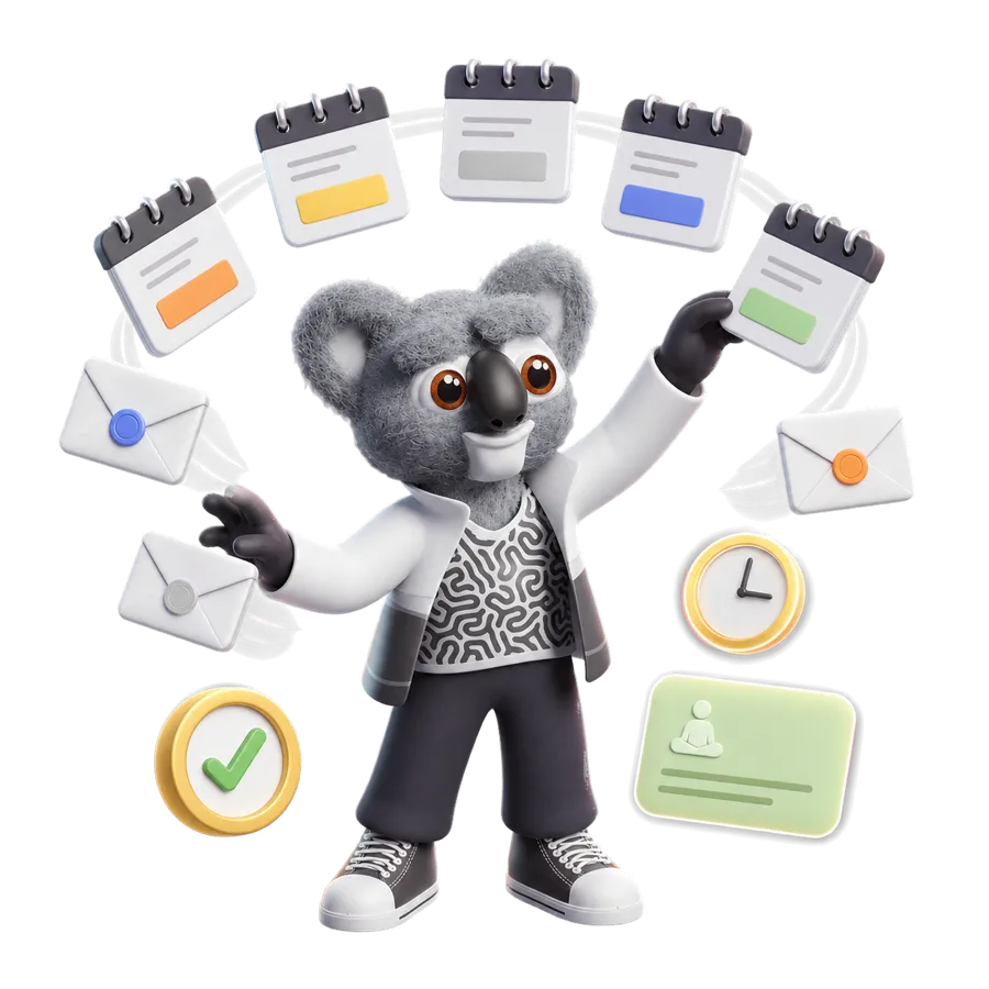 Kody arranging a fan of calendar pages, emails, and a clock into an orderly arc